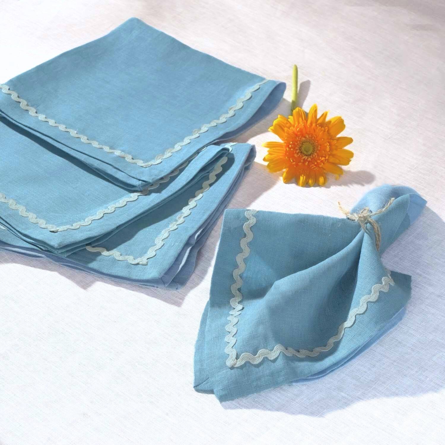 Dusty Blue Rick Rack Lace 100% Linen Napkins