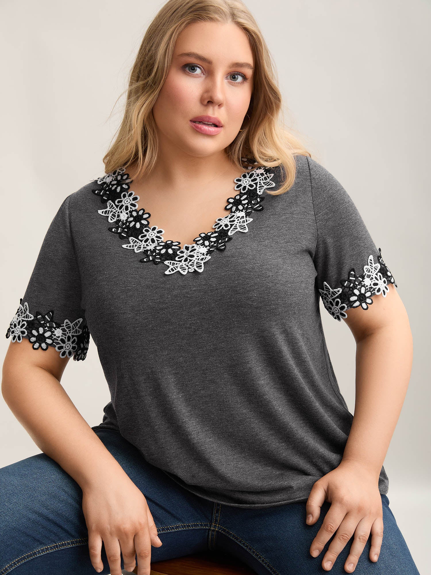 Lace Detail Relaxed Fit Plain Top