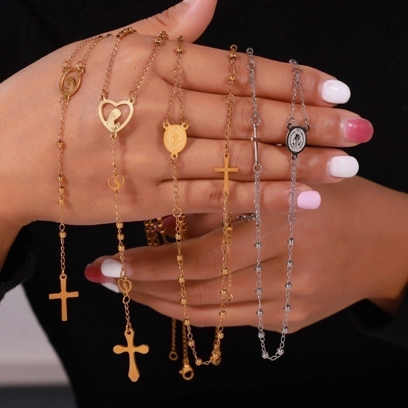 304 Stainless Steel 18K Gold Plated Casual Retro Minimalist Plating Cross Round Heart Shape Long Necklace