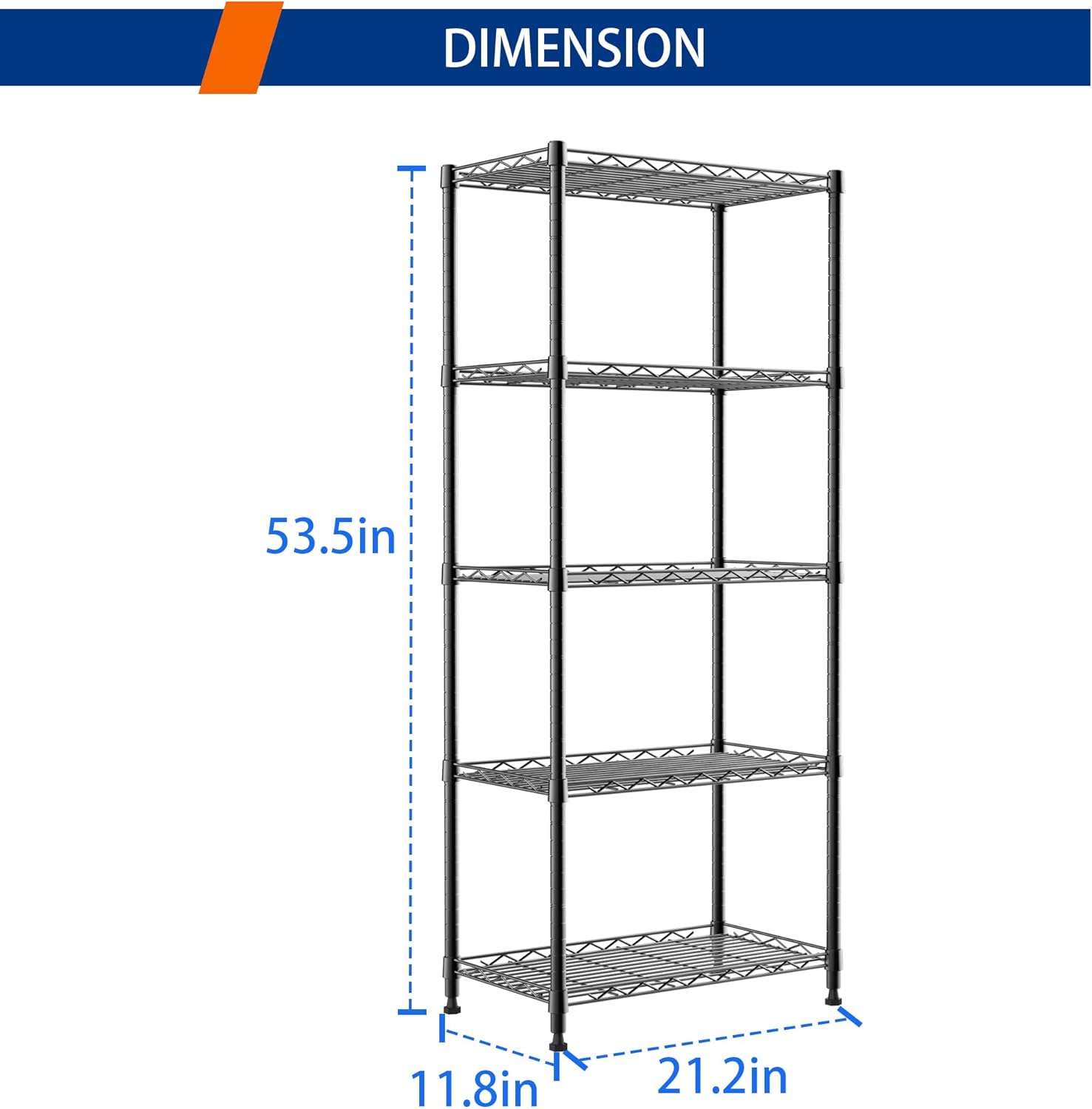 REGILLER 5-Wire Shelving Metal Storage Rack Adjustable Shelves,Standing Storage Shelf Units for Laundry Bathroom Kitchen Pantry Closet(Black,11.8