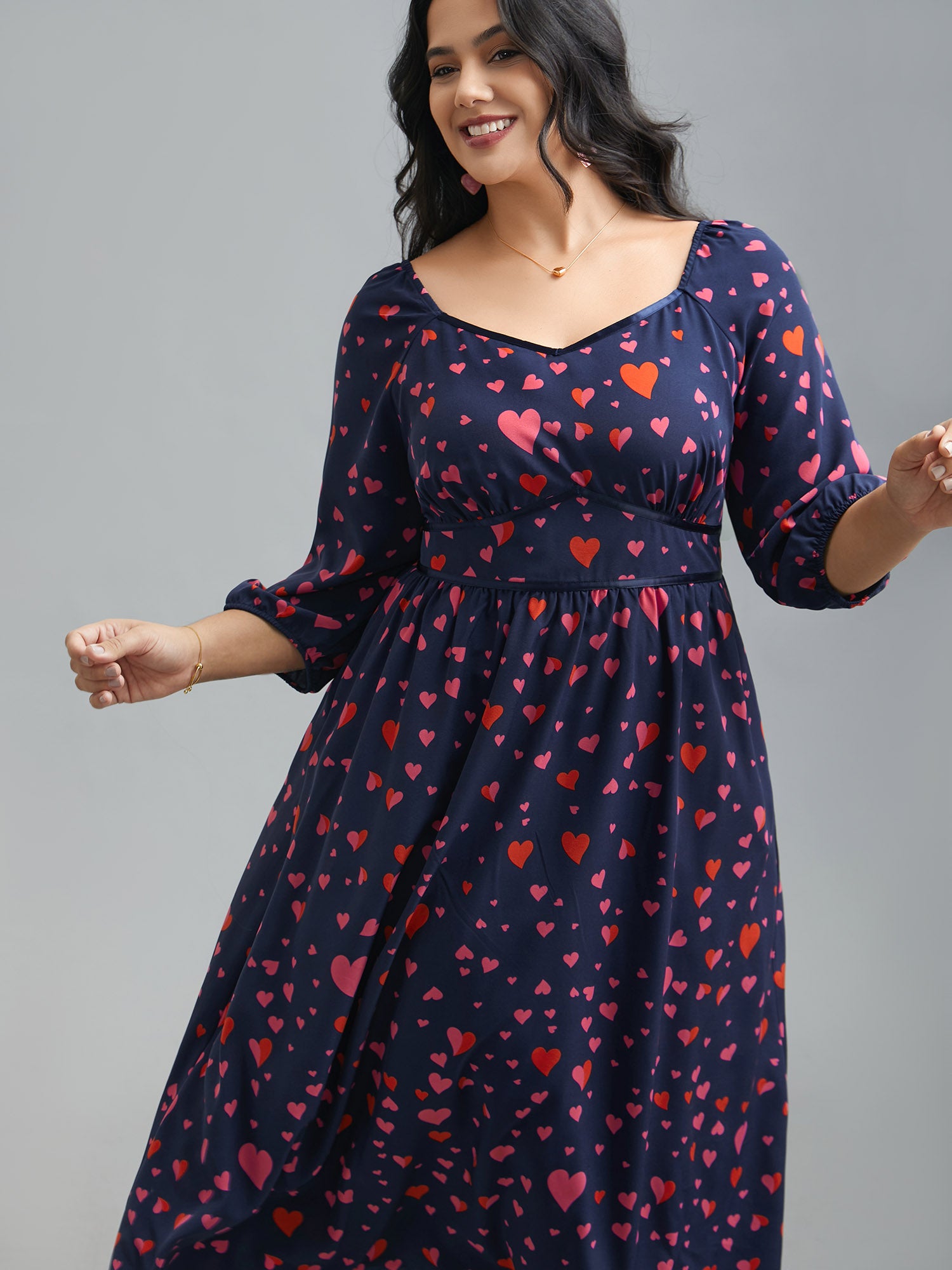 Hearts Print Contrast Webbing Pocket Dress