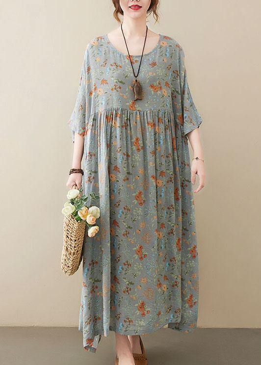 Elegant Grey O-Neck Patchwork Print Half Sleeve Summer Long Dress