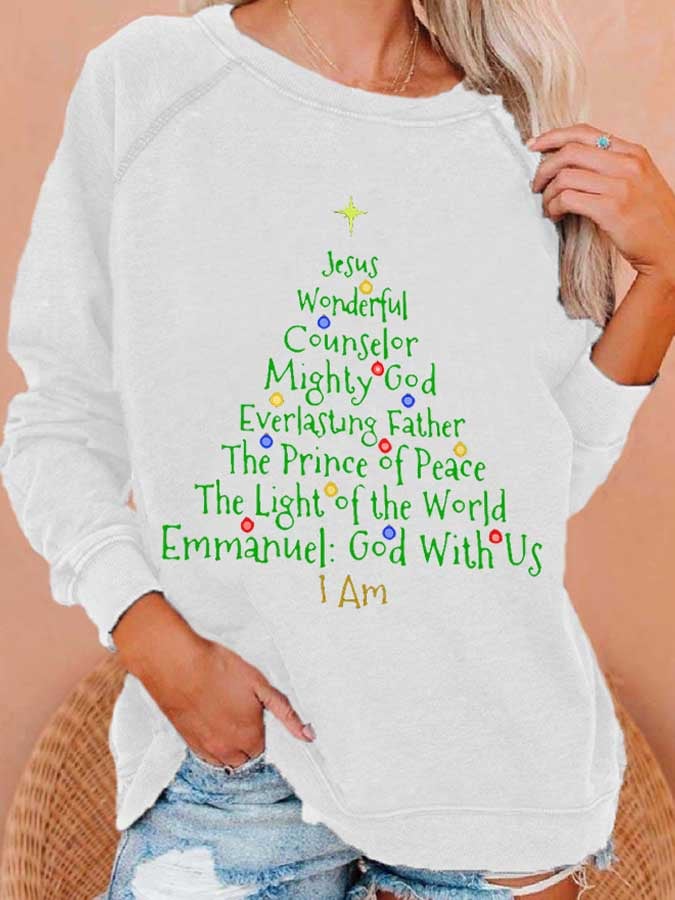 Women's Christmas Tree Jesus God Is With Us Print Casual Sweatshirt