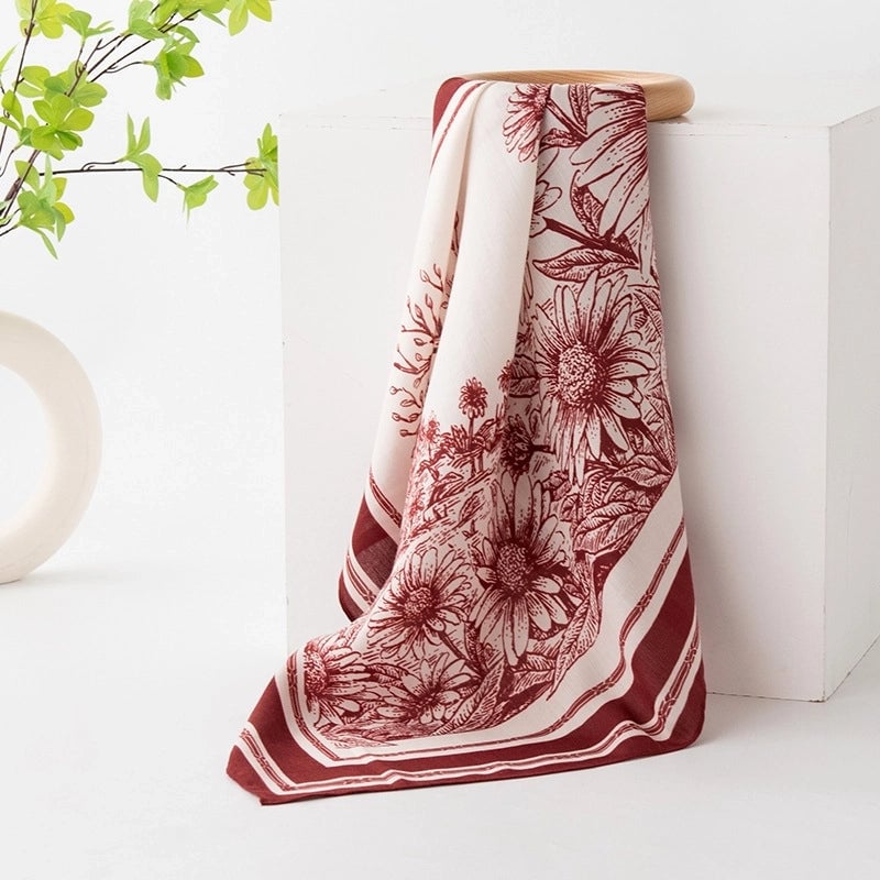 Women's Retro Plaid Flower Satin Silk Scarf