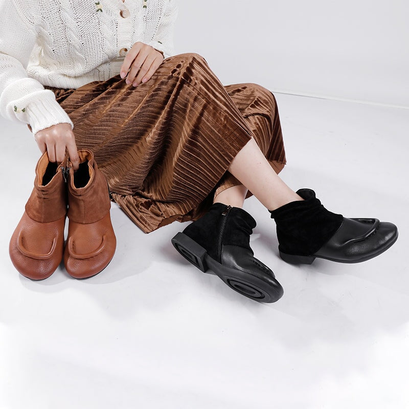 Handmade Soft Leather Ankle Boots For Women Splicing Design in Coffee/Black
