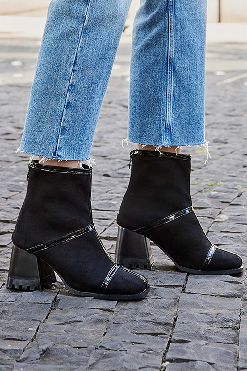Contrast Binding Square Toe Chunky Heels Ankle Boots