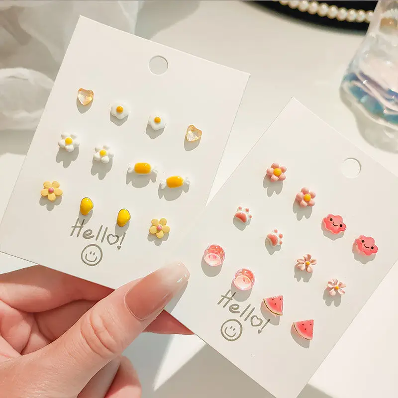 New S925 Candy-colored Silver Needle Ceramic Earrings Set Summer Small Cute Girls Flower Fruit Stud Earrings Set For Women