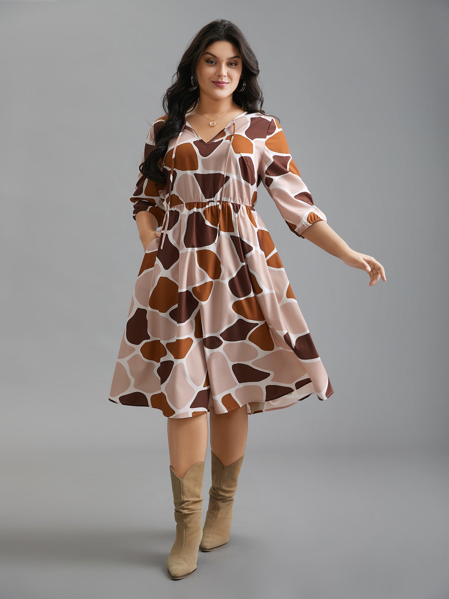 Neck-Tie Color Block Waist Cinched  Dress