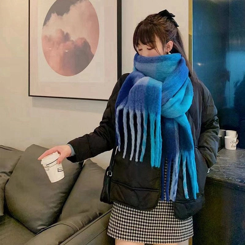 Rainbow Plaid Scarf Women's Autumn And Winter Thickened Mohair Student Couple Contrast Color Matching Thickened