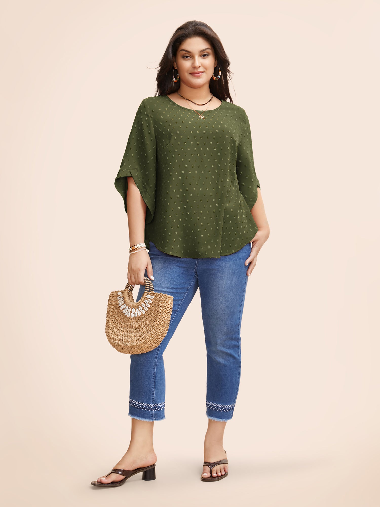 Textured Round Neck Bell Sleeve Blouse