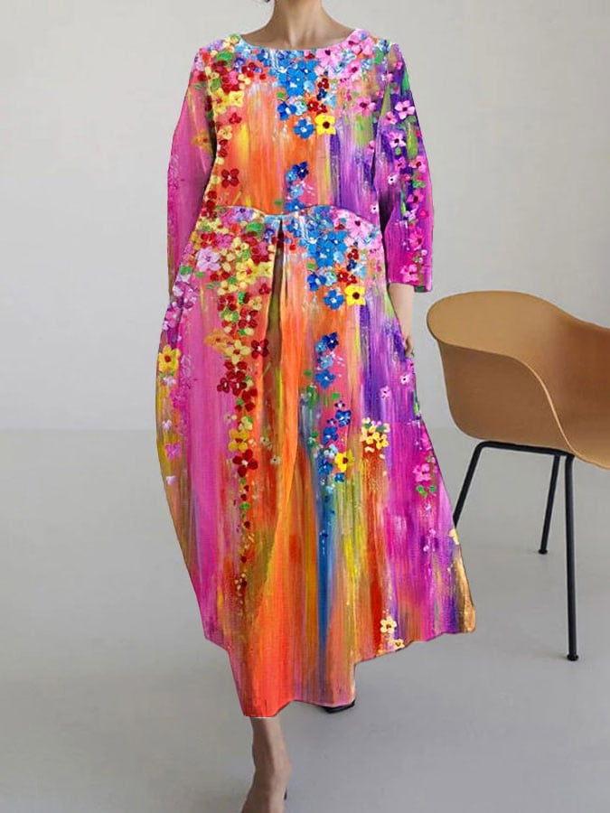 Women's Oil Painting Floral Print Casual 3/4 Sleeve Dress