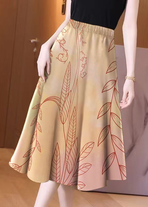 New Khaki Print Elastic Waist Cotton Skirt Summer