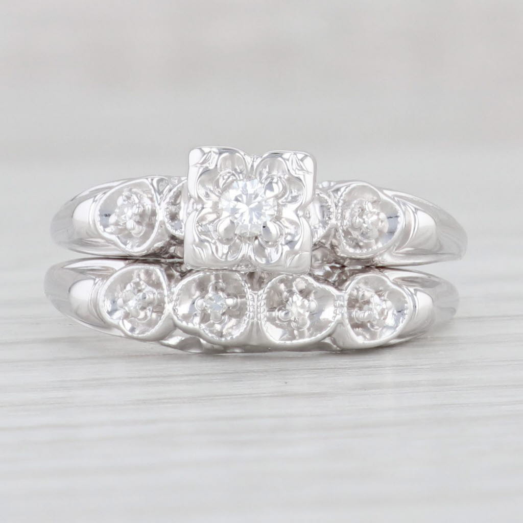 0.11ctw Diamond Engagement Ring Wedding Band Bridal Set 14k White Gold Size 8.5