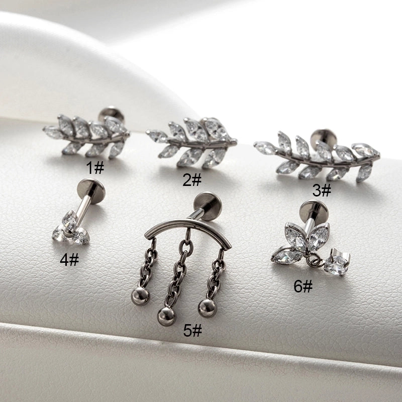 1 Piece Ear Cartilage Rings & Studs Minimalist Classic Style Leaves Chain Pure Titanium Inlay Zircon Ear Cartilage Rings & Studs