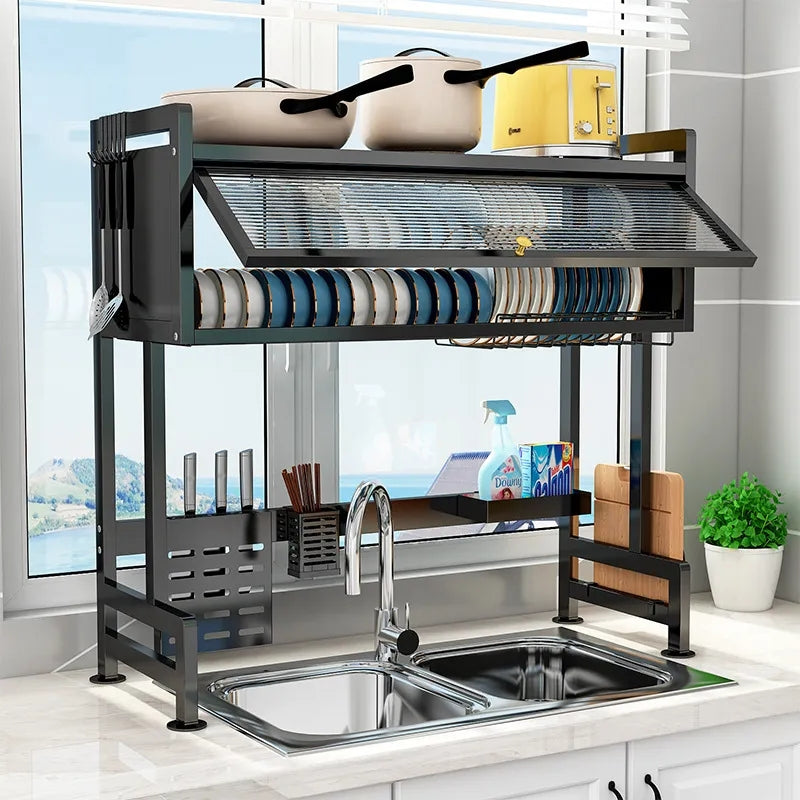 Kitchen Storage Rack Drying Rack with Dustproof Lid