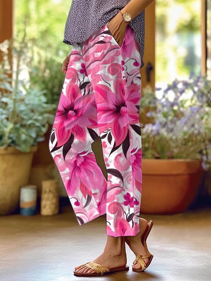 Womens Breast Cancer Awareness Flowers Print Trousers