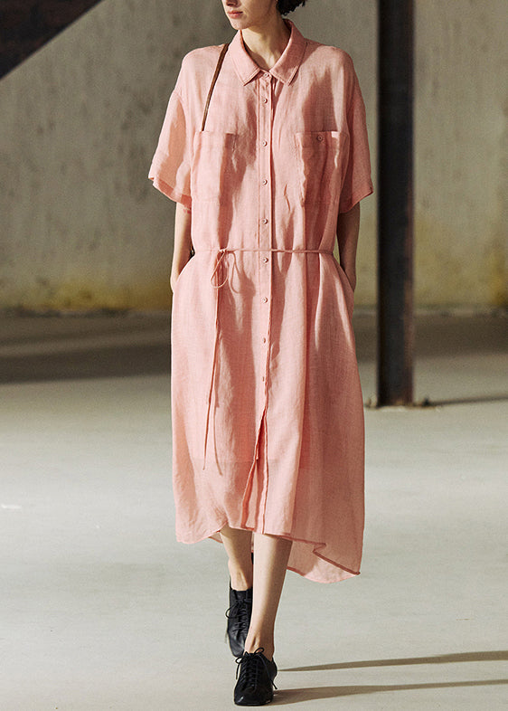Loose Pink Peter Pan Collar Pockets Button Cotton Dresses Summer