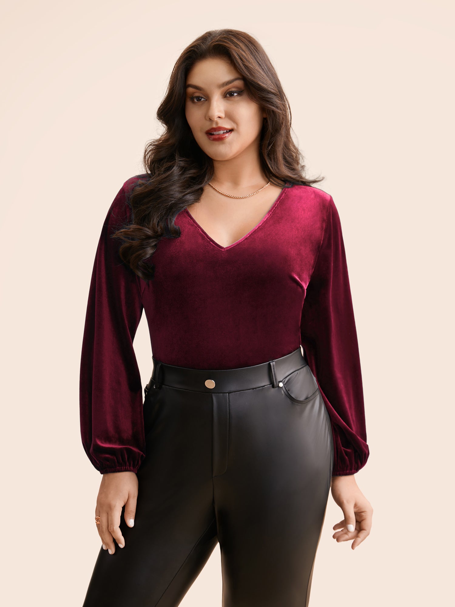 V Neck Velvet Lantern Sleeve Blouse