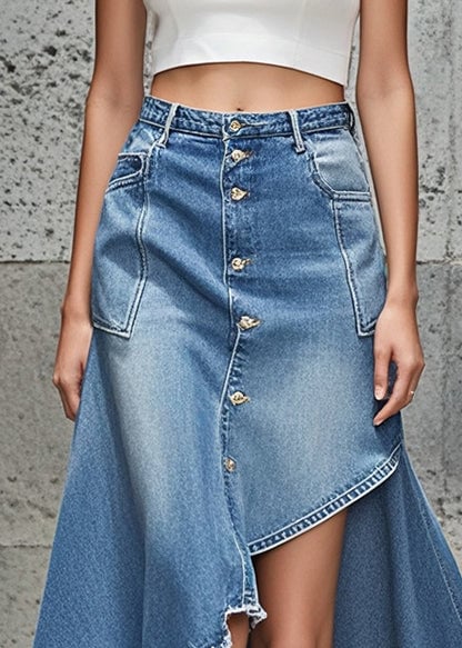 Handmade Light Blue Asymmetrical Design Button Denim Skirts Fall