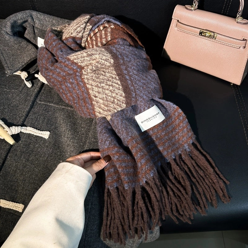 Unisex Retro Lattice Polyester Tassel Scarf