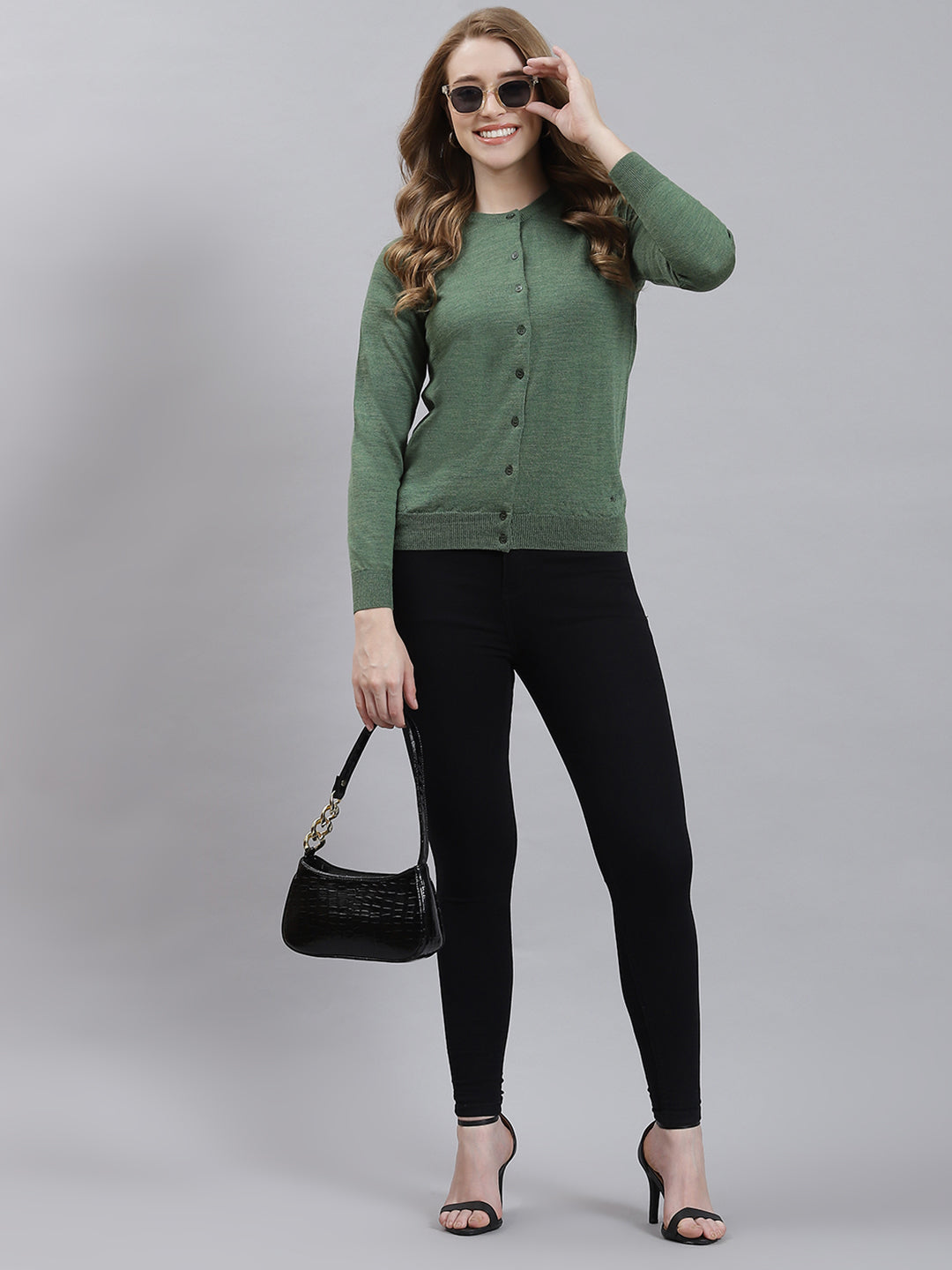 Women Green Solid Cardigan