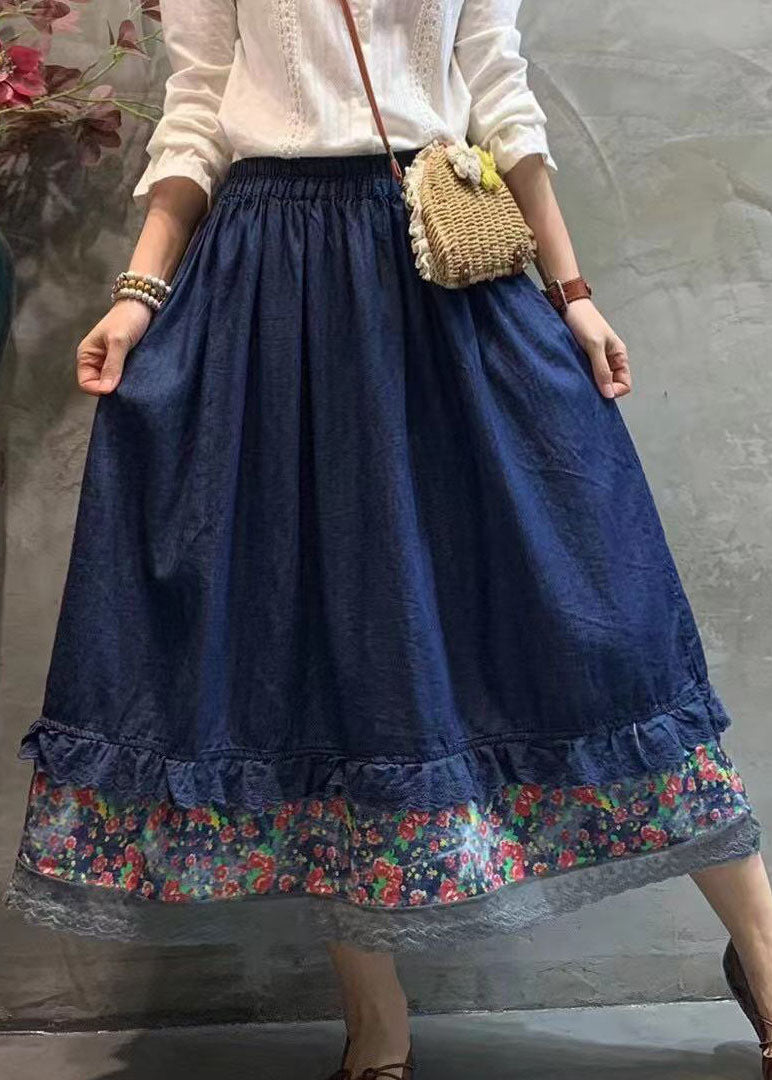 Bohemian dark Blue elastic waist lace Patchwork Skirt Spring