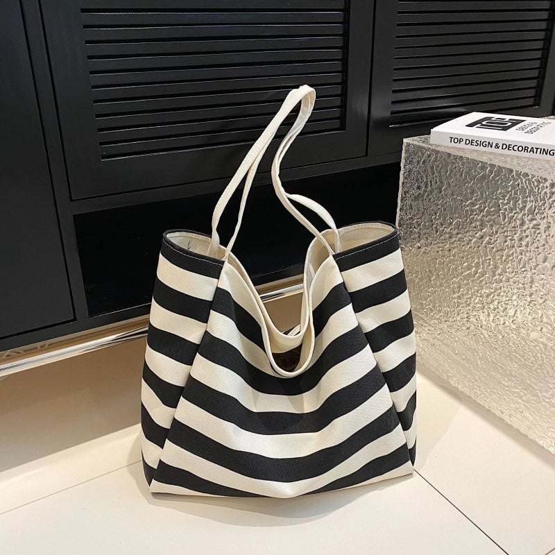 Large Capacity Contrast Color Stripe Handbag Canvas New Fashionable Lazy Style Shoulder Bag Class Tote Bag