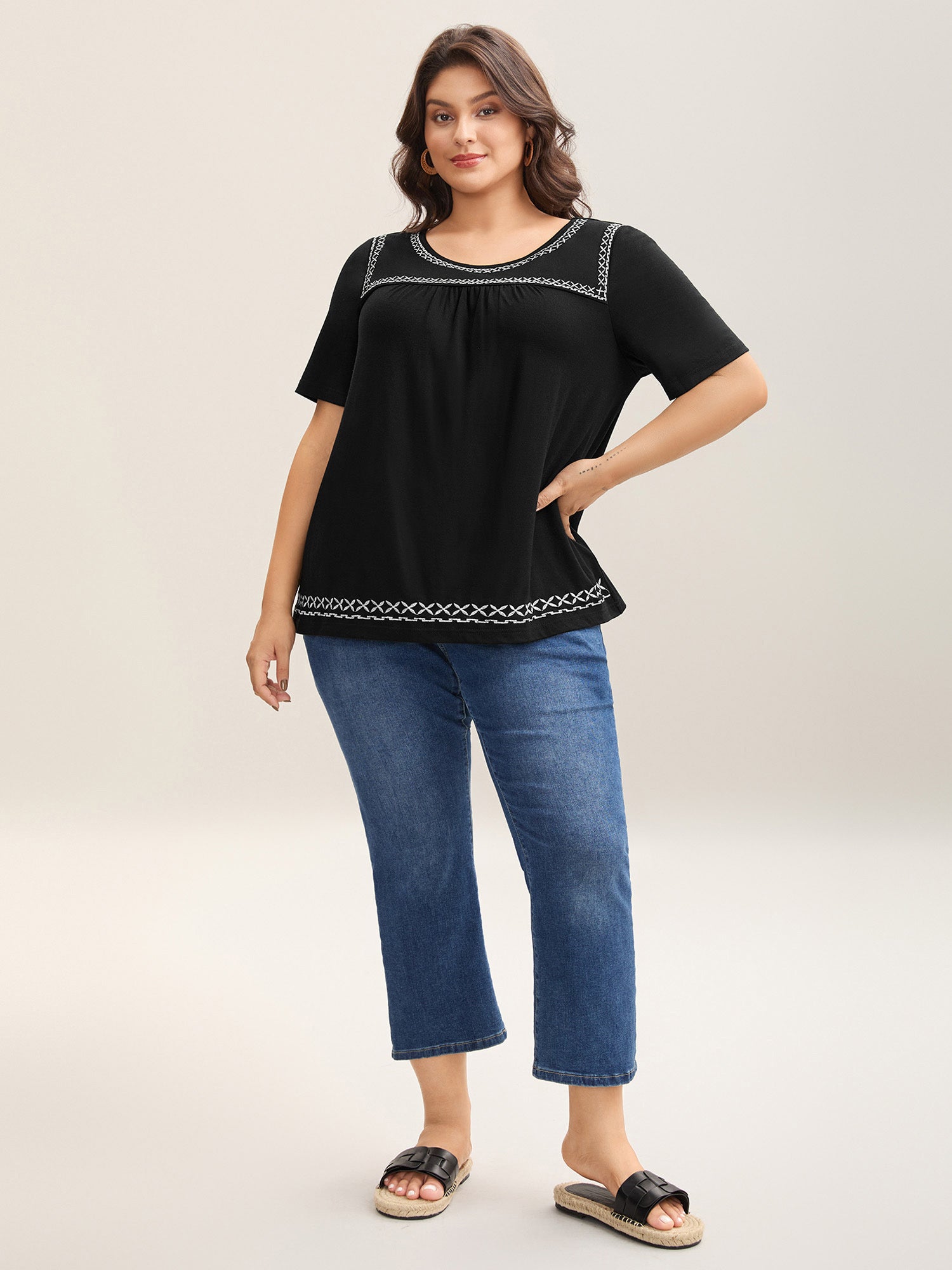Crisscross Embroidery Straight-Fit T-Shirt