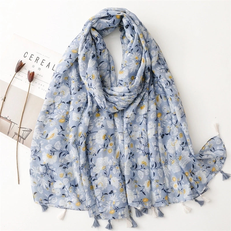 Yarn Cotton Fruit Green Bright Yellow Leaf Printing Tassel Scarf Shawl