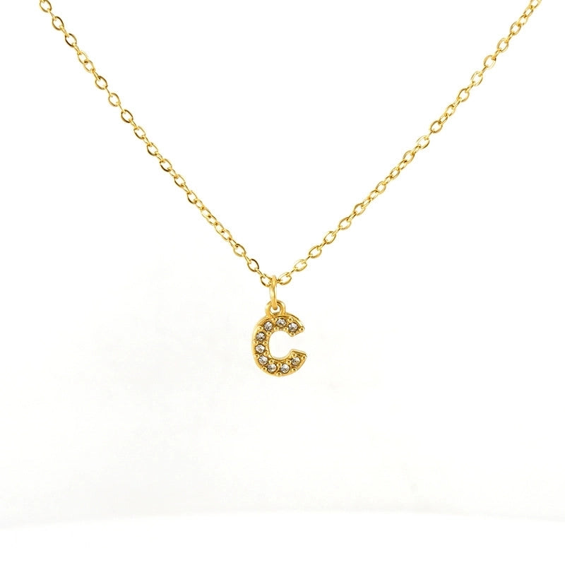 Minimalist Classic Style Letter Titanium Steel Zircon 18K Gold Plated Inlay Pendant Necklace