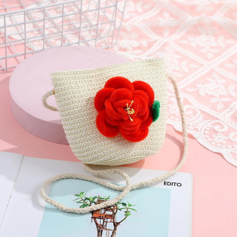Women's Small Straw Solid Color Flower Vacation Beach Weave Round Zipper Straw Bag