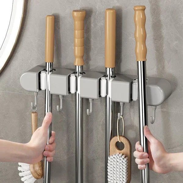 6 Slot & 6 Hook Wall Mounted Holder For Mop. Broom. Kitchen. Garden
