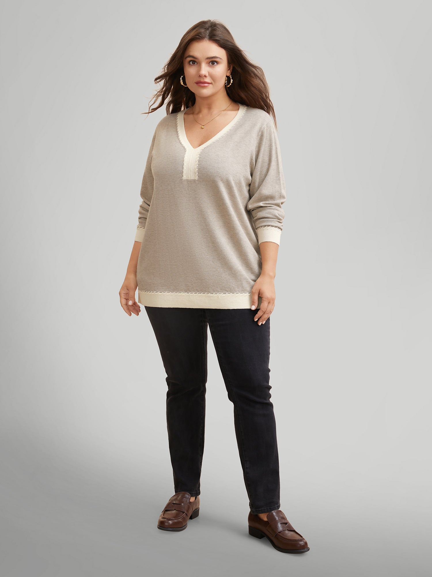 Supersoft Essentials V Neck Contrast Crochet Pullover