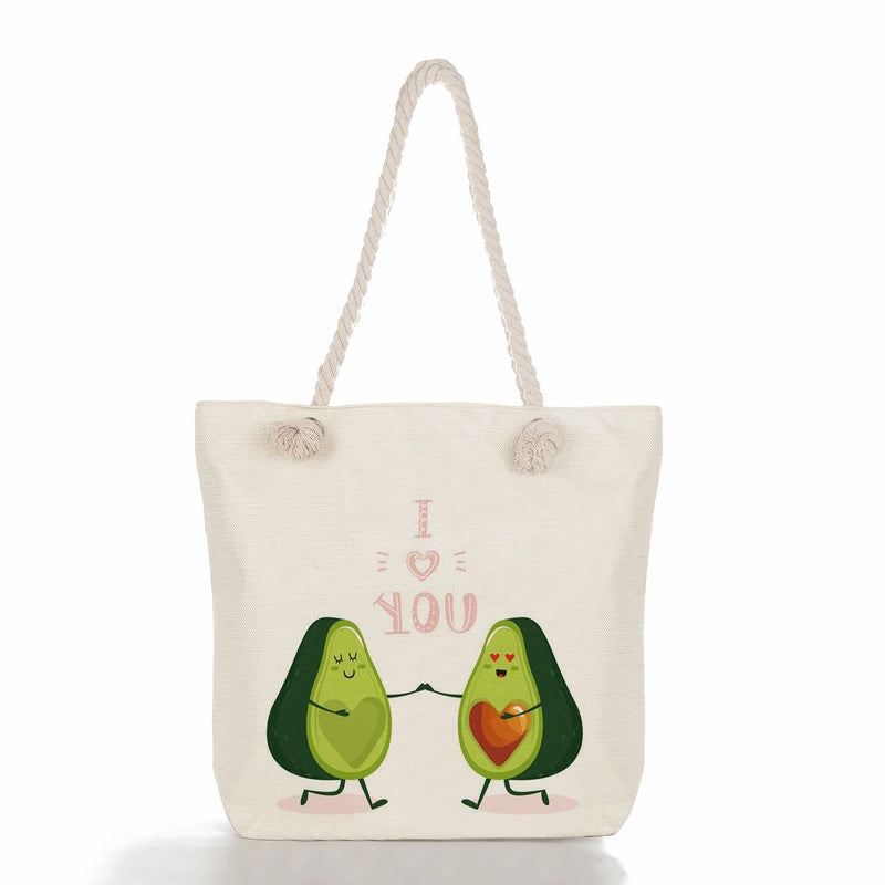Women's Medium Linen Fruit Cute Classic Style Square Zipper Tote Bag Beach Bag