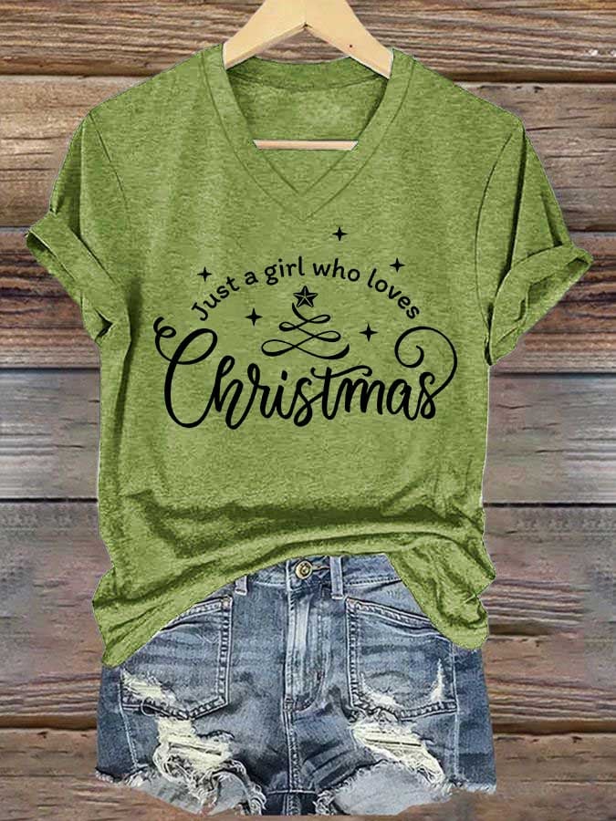 Women's Just A Girl Who Loves Christmas Print Casual V-Neck T-Shirt