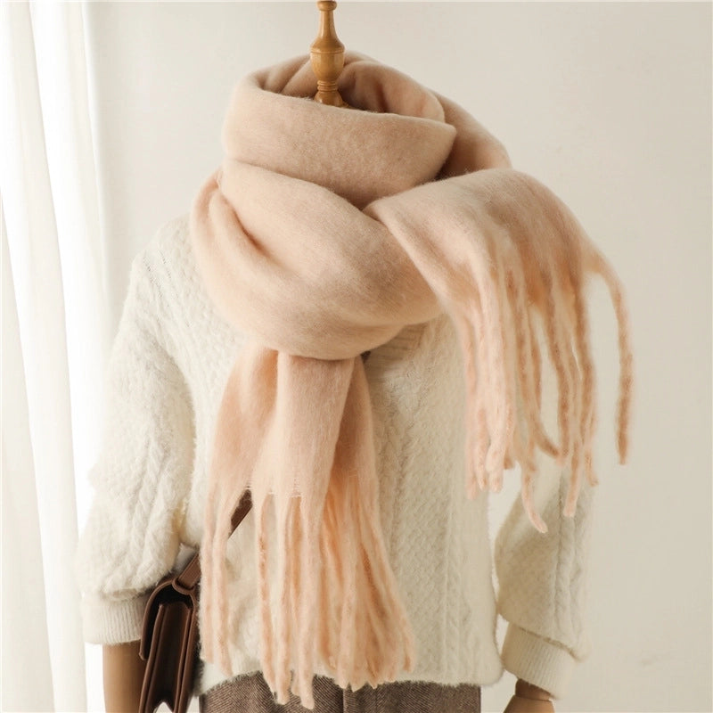 Mohair Scarf Pure Color All-matching Winter Warm Lengthened Fringe Bib Scarf Men's And Women's European And American Export Thick Scarf