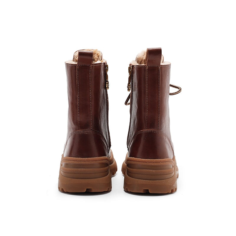 Chunky Riding Boots Leather Combat Boots Designer Shoes in Coffee/Black Have Shearling Lined