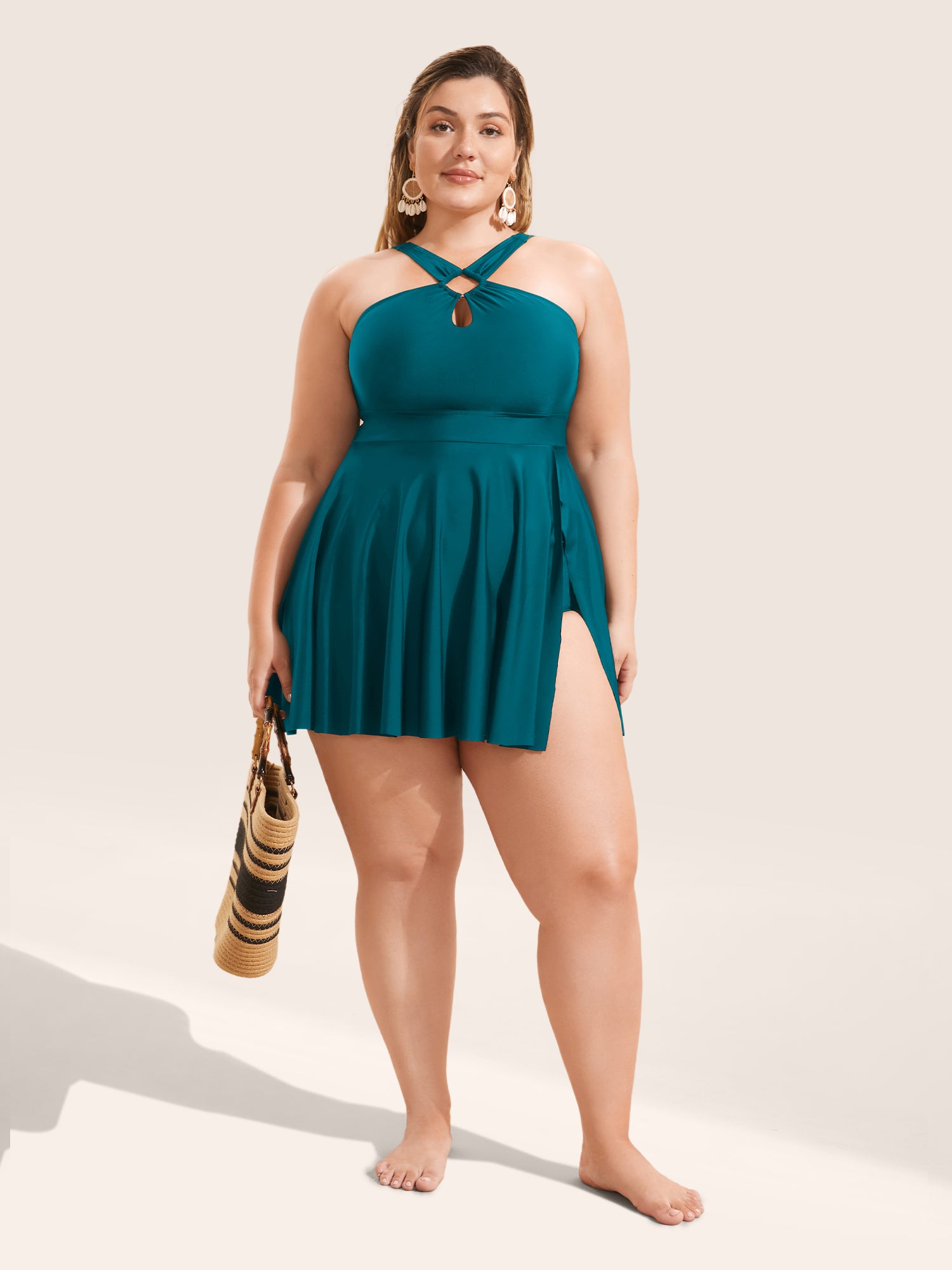Plain Cut Out Split Side Swim Dress