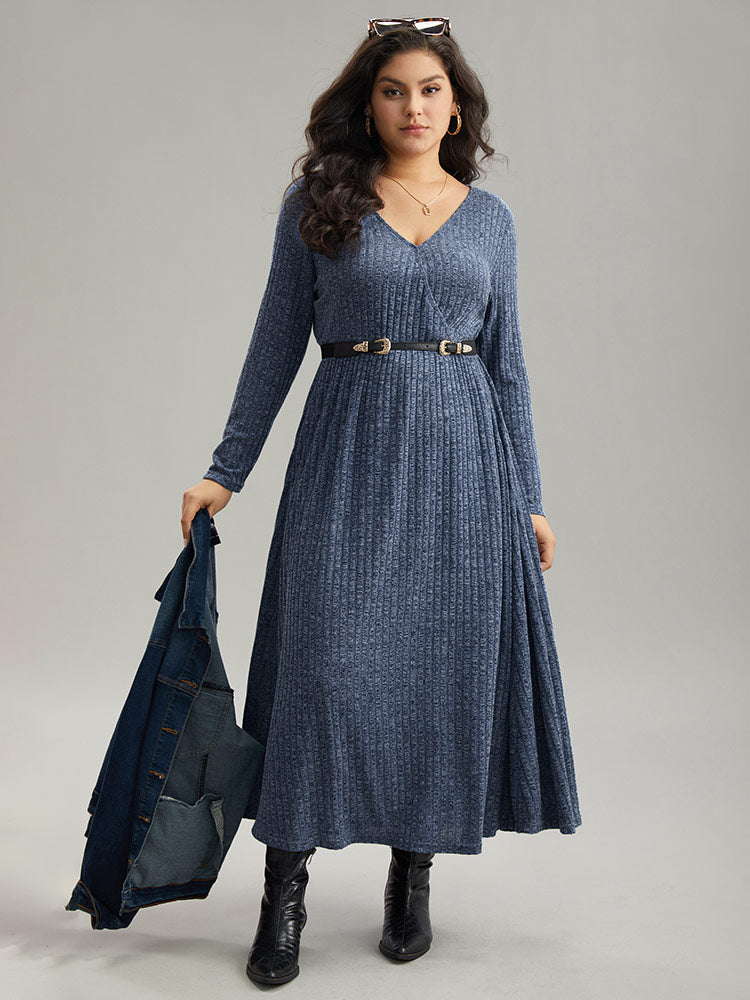 Solid Rib Knit Overlap Collar Pocket Dress