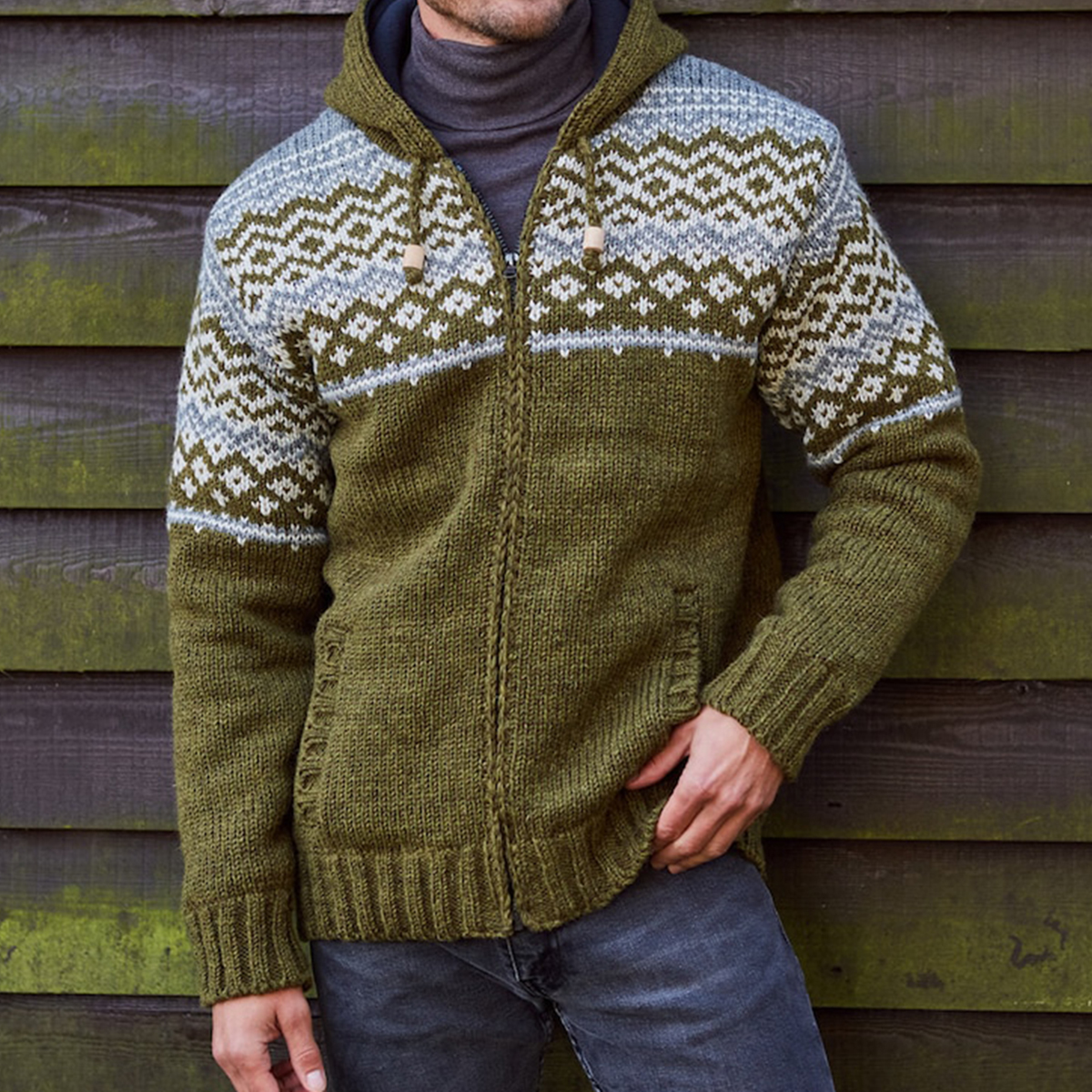 Mens Vintage Fair Isle Knitted Hooded Cardigan