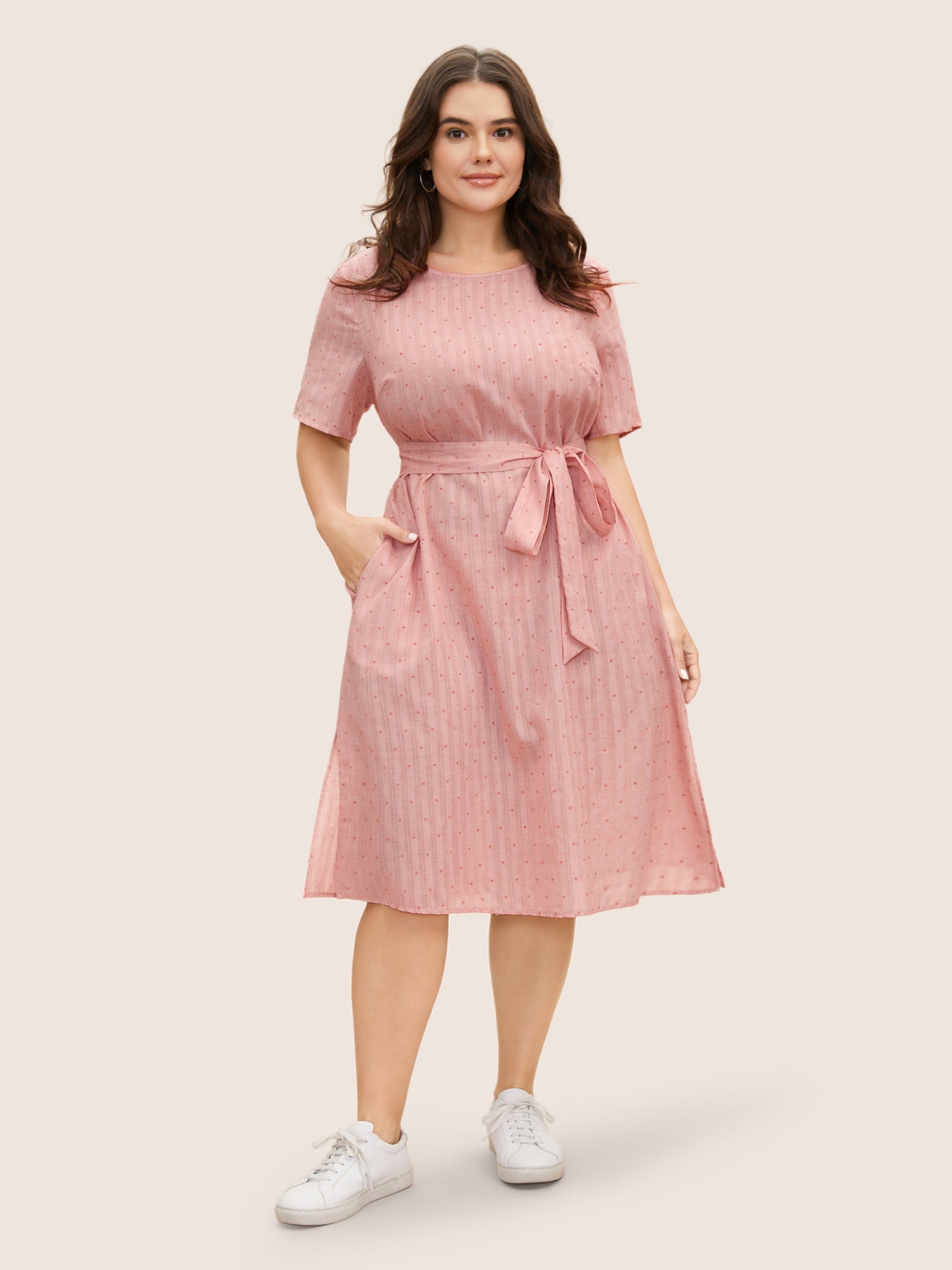 Polka Dot Jacquard Split Hem Belted Dress