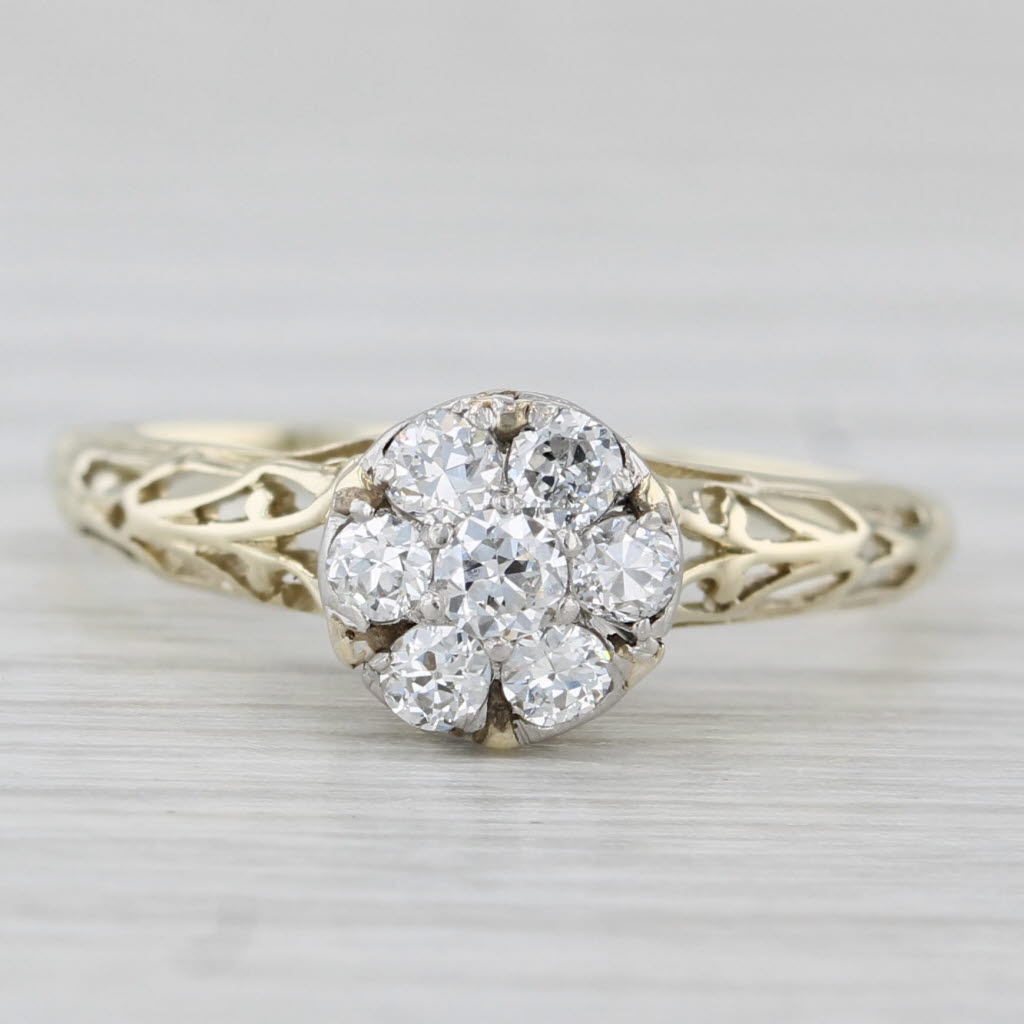 Antique 0.26ctw Diamond Flower Cluster Engagement Ring 14k Yellow Gold Size 7.25