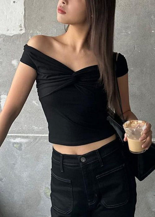 Slim Fit Black Slash Neck Solid Cotton T Shirts Summer