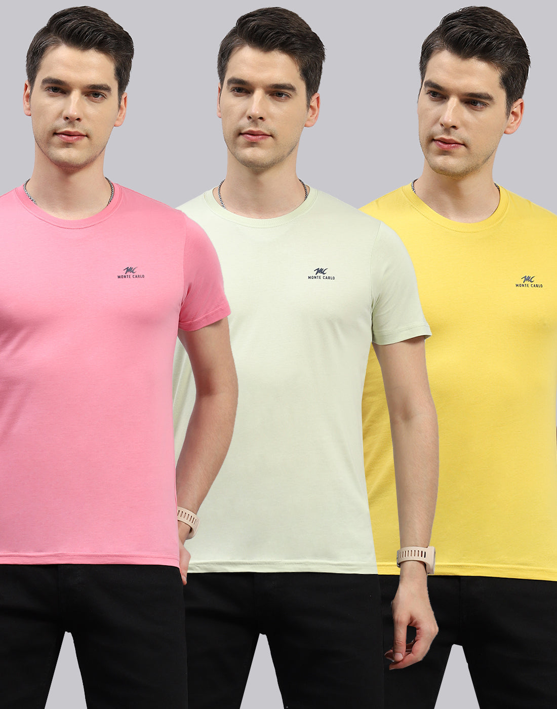 Men Green. Pink & Yellow Solid Round Neck Half Sleeve T-Shirt (Pack of 3)