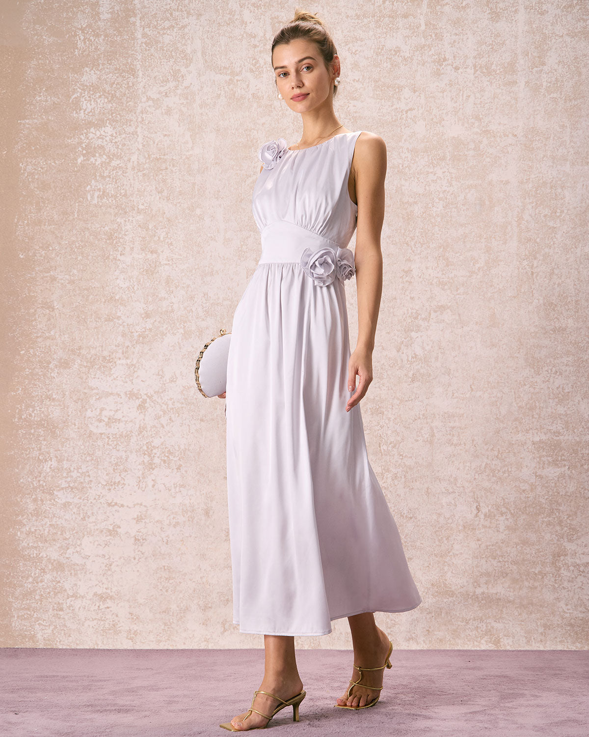 The Silver Boat Neck Floral Satin Maxi Dress