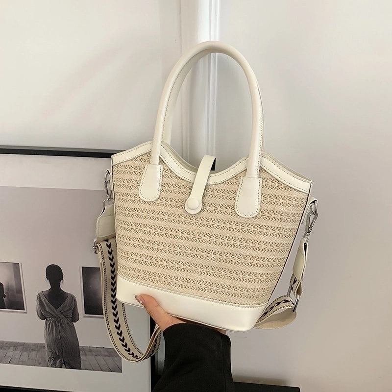 Women's Medium Straw Solid Color Vacation Classic Style Weave Zipper Tote Bag