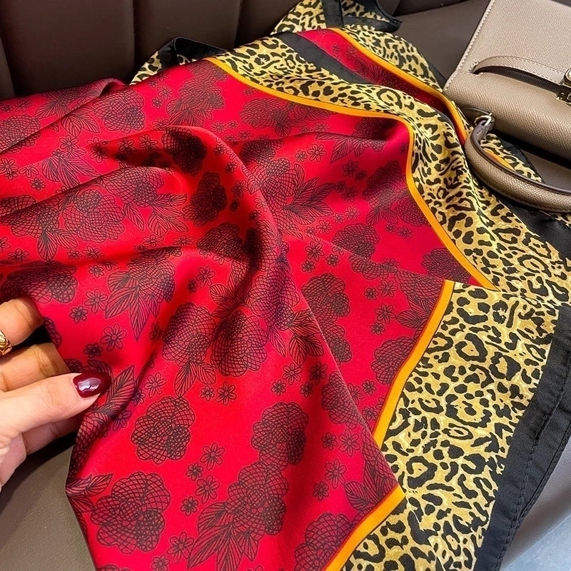 Classic Blue Orange Big Flower Simulation Silk Scarf Large Square Shawl