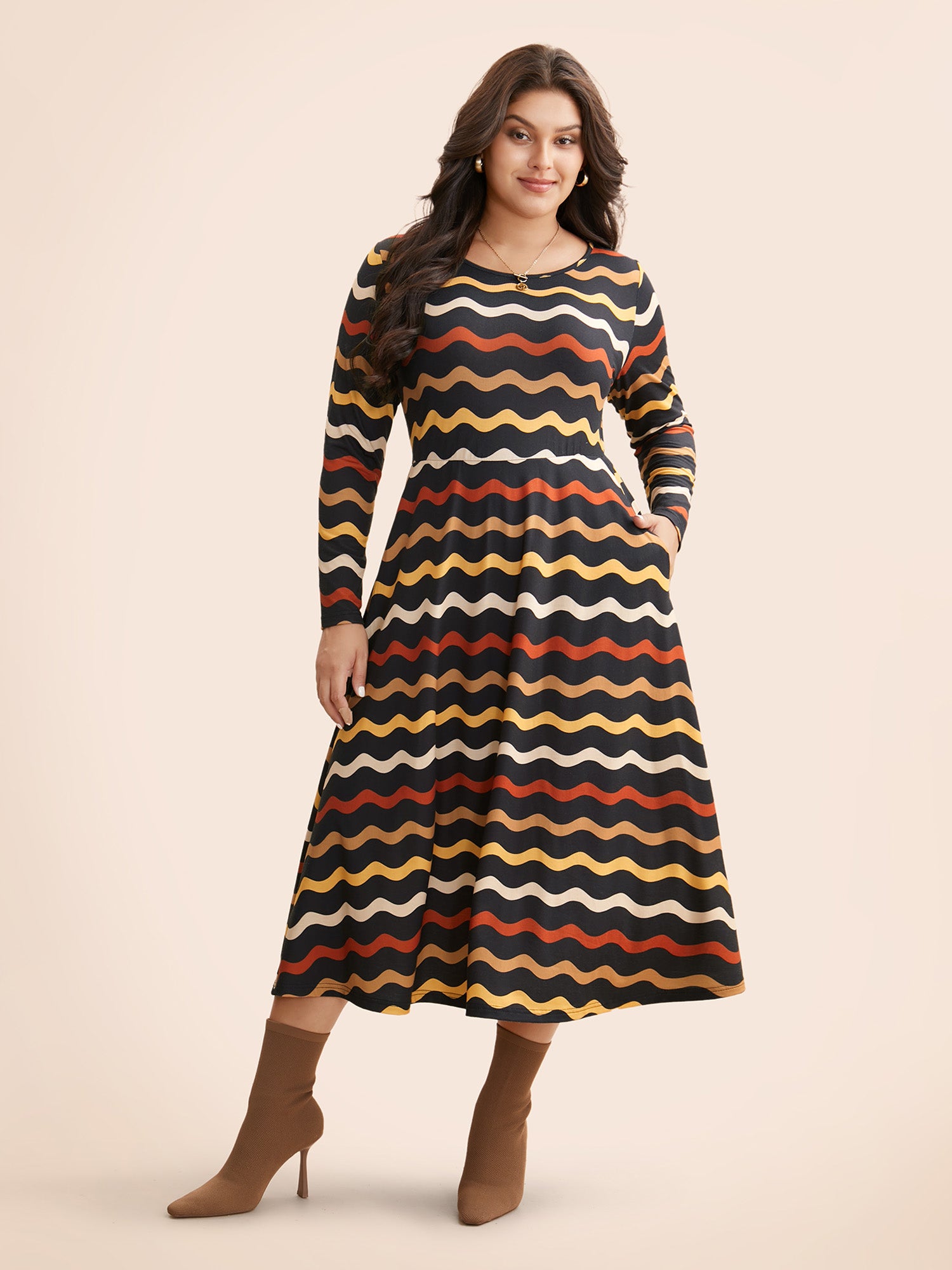 Round Neck Contrast Striped Midi Dress