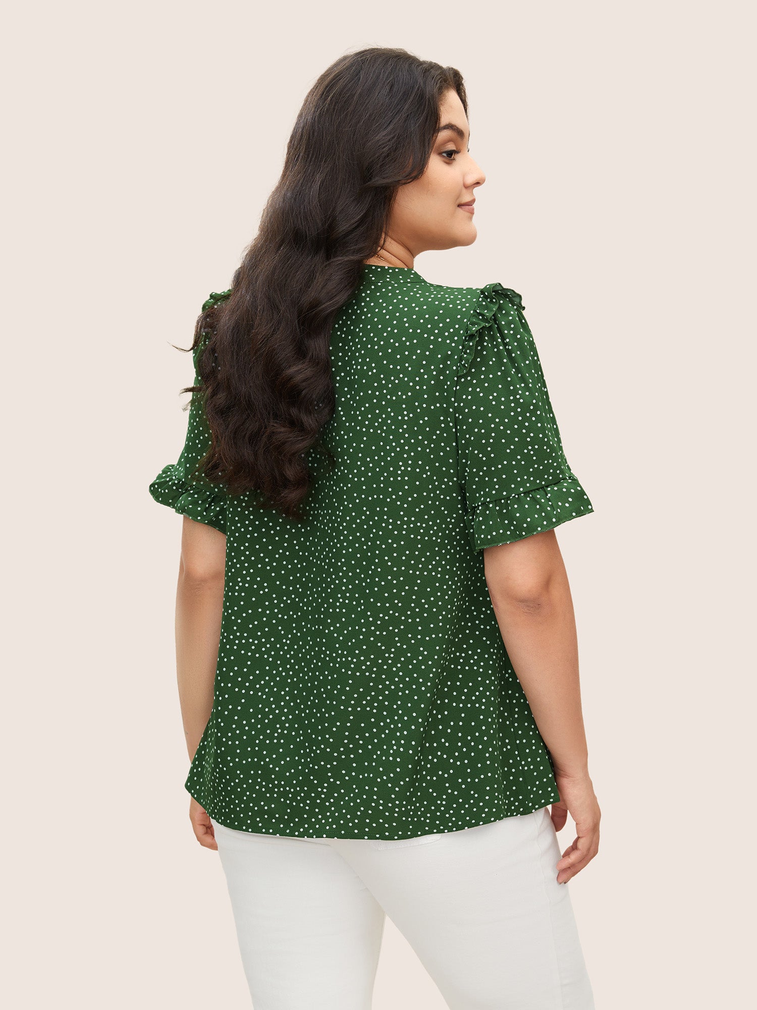 Polka Dot V Neck Ruffle Trim Blouse