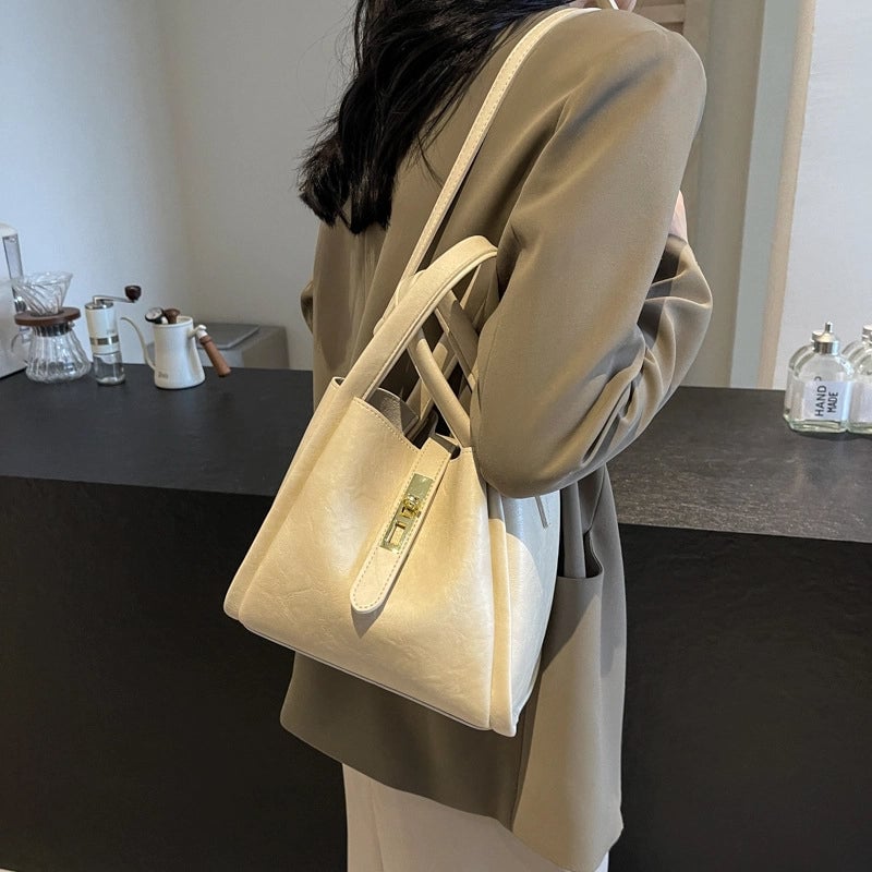 Women's Pu Leather Solid Color Basic Sewing Thread Bucket Lock Clasp Shoulder Bag Handbag Crossbody Bag